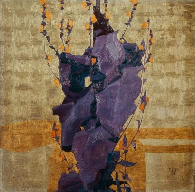 Egon Schiele, Stilisierte Blume vor dekorativem Hintergrund (Gold,Blume,Abstraktion)