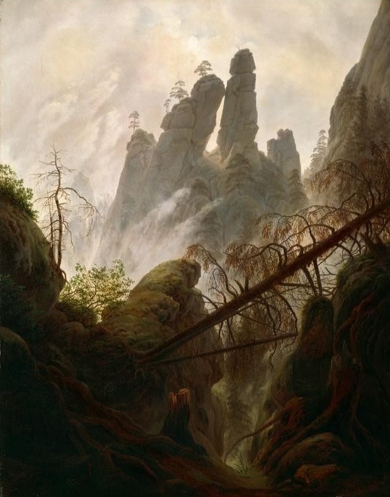 Caspar David Friedrich, Felsenschlucht (Deutsche Kunst,Gebirge,Waldsterben,Schlucht,Felsen,Romantik,Baum (Entwurzelt),Baum (Toter))