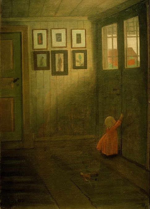 Ivar Axel Henrik Arosenius, Das Mädchen an der Türe (Fenster,Kind,Kunst,Mädchen,Mensch,Puppe (Gegenstand),Spielzeug,Tür,Wohnung,Bild Im Bild,Kleinkind,Interieur,Künstlerhaus (Wohnhaus),Helldunkel,Schwedische Kunst,Kinderleben,Innenansicht,Licht Und Schatten,Skandinavische Kunst)