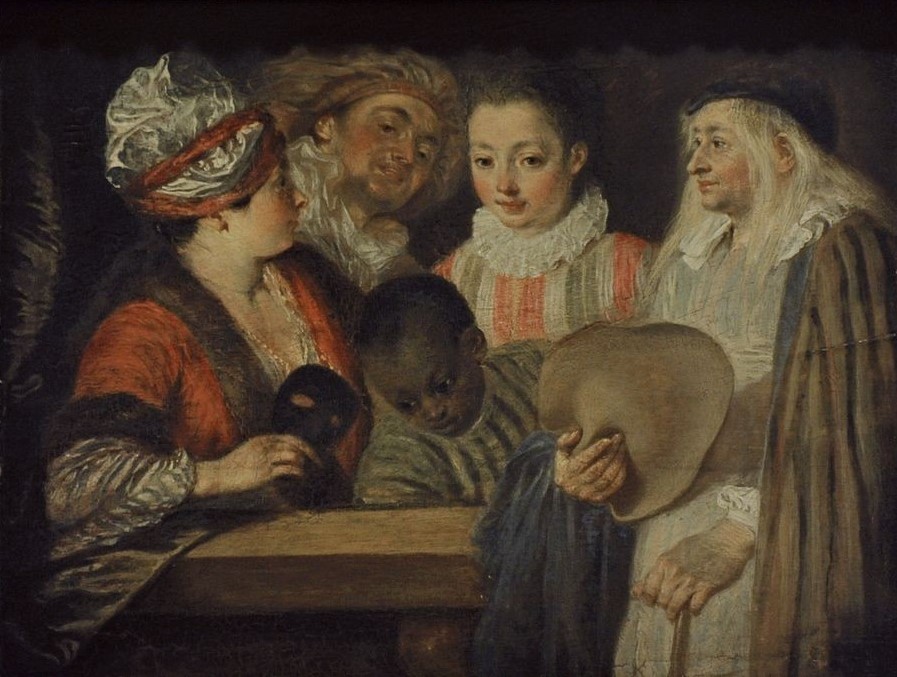 Jean-Antoine Watteau, Actors of The Comedie Francaise (Frau,Gesellschaft,Geschichte,Kind,Künstler,Kunst,Mann,Museum,Schauspielerin,Barock,Rokoko,Portrait,Lebendmaske,Malen,Schwarz,Show,Rahmen,Kopfschutz,Karriere)