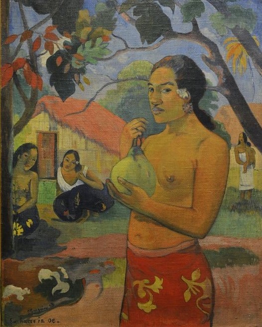 Paul Gauguin, Where are you going? (Frau,Jugend (Lebensalter),Kunst,Museum,Obst,Hütte,Torso,Hand,Baum,Nacktheit,Festhalten,Exotik,Blume,Ast,Malen,Rahmen,Postimpressionismus,Farbe)