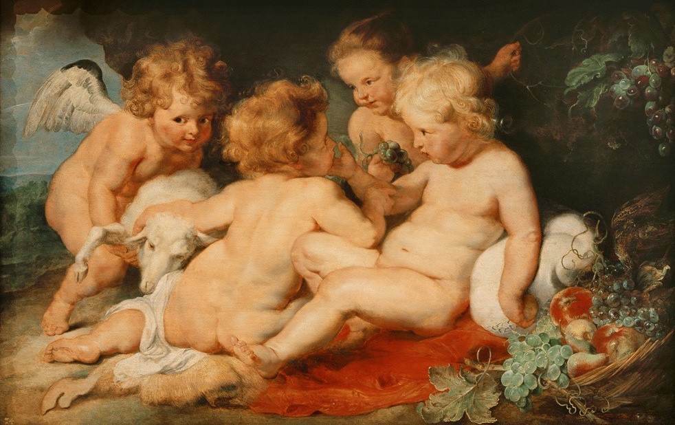 Peter Paul Rubens, Christuskind mit Johannesknaben und zwei Engeln (Christentum,Engel,Flämische Kunst,Freundschaft (Allgemein),Früchte,Kinderspiel,Kind,Kunst,Obst,Religion,Barock,Akt,Allegorie,Kleinkind,Neues Testament,Bibel,Putto,Kind Und Tier,Schaf,Niederländische Kunst,Jesusknabe,Weintraube,Lamm Gottes,Lamm,Kinderleben)