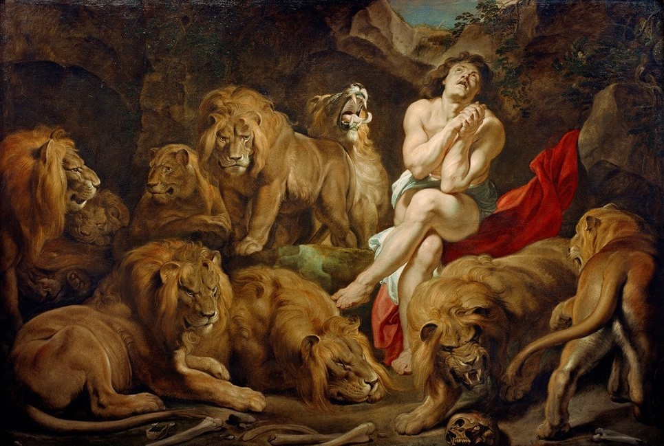 Peter Paul Rubens, Daniel in der Löwengrube (Flämische Kunst,Gebet,Kunst,Löwe (Tier),Mann,Strafe,Barock,Altes Testament,Akt,Bibel,Prophet,Niederländische Kunst,Raubkatze,Gebeine,Knochen,Raubtier,Tier,Händefalten,Daniel In Der Löwengrube,Körperhaltung,Beine (Übereinandergeschlagen),Zähne Fletschen,Ju)