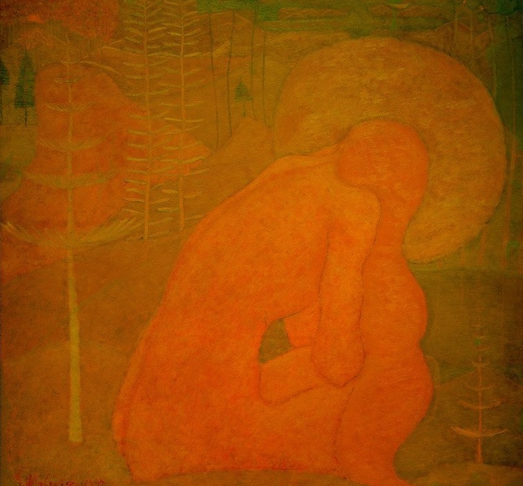 Kasimir Malewitsch, Gebet (Studie für ein Fresko) (Christentum,Frau,Gebet,Jugendstil,Kunst,Landschaft,Religion,Symbolismus,Akt,Russische Kunst,Rückenakt,Studie,Im Freien (Allgemein),Nacktheit,Langes Haar,Ukrainische Kunst,Sitzen,Monochromie)