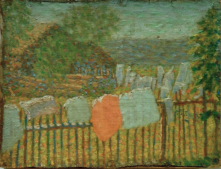 Kasimir Malewitsch, Ohne Titel, um 1904 (Architektur,Bauernhaus,Haus,Kunst,Landschaft,Impressionismus,Zaun,Russische Kunst,Architekturdarstellung,Gartenzaun,Wäsche,Wäscheleine,Ukrainische Kunst,Jahrhundertwende,Wäschetrocknen)
