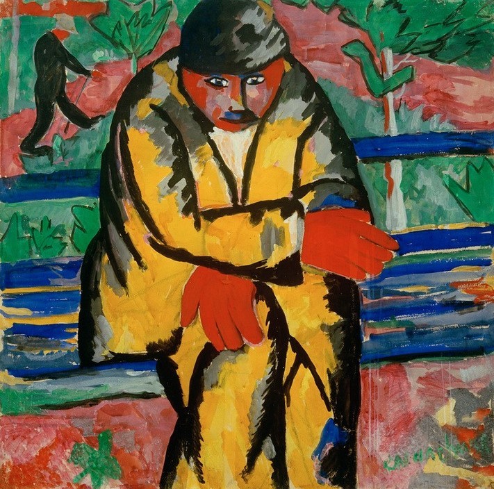 Kasimir Malewitsch, Auf dem Boulevard, 1910 (Herrenhut,Herrenmode,Kopfbedeckung,Kunst,Mann,Mensch,Mode,Bank (Sitzgelegenheit),Freizeit,Strassenszene,Hut,Expressionismus,Langeweile,Russische Kunst,Im Freien (Allgemein),Kleidung (Allgemein),Boulevard,Ausruhen,Nichtstun,Ukrainische Kunst,Sitzen,Farbigk)