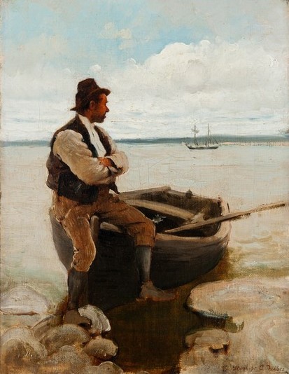 Stanhope Forbes, FERRYMAN AT FLUSHING (Boot,Fischer,Haus,Herrenhaus,Mann,Rudern,Gründerzeit,Portrait,Speisezimmer,Adel,Fährmann,Erbe,Innenansicht,Sitzen,Verschränkte Arme,Ruderschiff,Heim)
