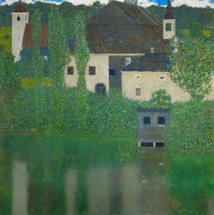 Gustav Klimt, Schloß Kammer am Attersee I  (Klassische Moderne,Jugendstil, Österreich, See, Bäume, Architektur, Haus, Spiegelung, bunt, Wohnzimmer, Treppenhaus, Schlafzimmer, Wunschgröße, Malerei)