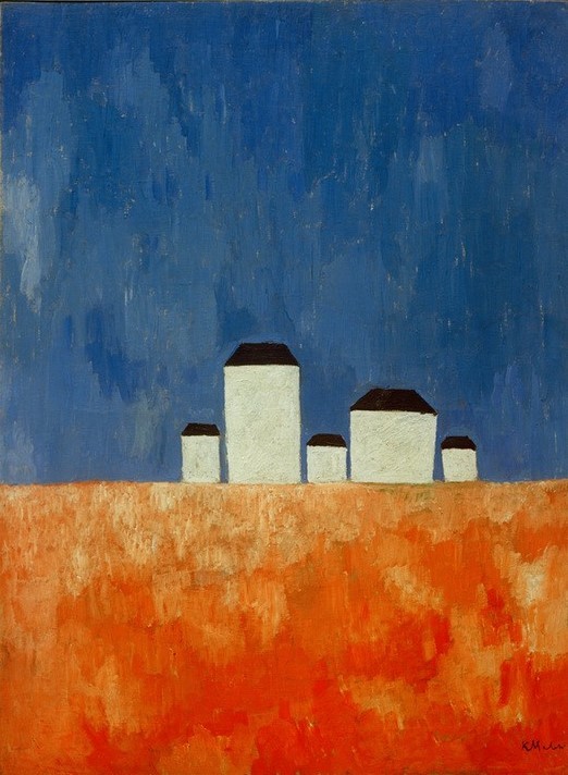 Kasimir Malewitsch, Landschaft mit fünf Häusern (Architektur,Haus,Kunst,Landschaft,Sowjetische Kunst,Wohnhaus (Allgemein),Russische Kunst,Architekturdarstellung,Ansicht,Aussenansicht,Suprematismus,Ukrainische Kunst,Abstraktion,Signatur)
