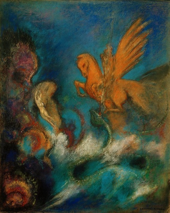 Odilon Redon, Roger und Angelika (Perseus und Andromeda) (Frau,Held,Kunst,Literatur,Mann,Mythologie,Pferd (Tier),Ritter,Reiter,Symbolismus,Akt,Fabelwesen,Kampf Zwischen Mensch Und Tier,Gefangenenbefreiung,Befreiung (Gefangenschaft),Ungeheuer,Französische Kunst,Kampf,Gefangenschaft,Heros,Tier,Epos,Gefangene,Drach)