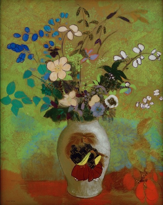 Odilon Redon, Vase mit japanischem Krieger (Postimpressionismus, Stillleben, Blumenvase, Blüten, Blumen, floral, klassische Moderne, Malerei, Wohnzimmer, Esszimmer, Treppenhaus, Wunschgröße, bunt)