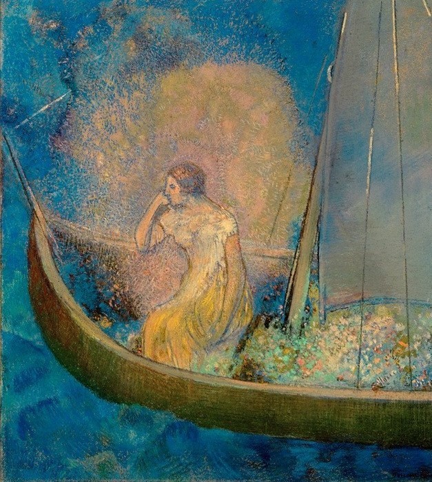 Odilon Redon, Die Barke (Boot,Frau,Kunst,Schiff,Tod,Segelboot,Symbolismus,Allegorie,Aura,Barke,Französische Kunst,Leben Nach Dem Tode,Totenreich,Jenseitsvorstellungen,Unterwelt,Jahrhundertwende,Schifffahrt)