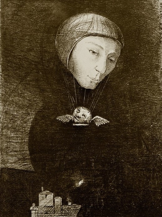 Odilon Redon, Trauriger Aufstieg (Ballon,Kunst,Luftfahrt,Traum,Symbolismus,Surrealismus,Phantastische Kunst,Französische Kunst,Schweben,Anthropomorphismus,Kopf)