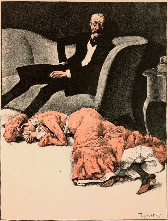 Ferdinand von Reznicek, Morituri (Jugendstil,Streit,Liebeskummer,Sofa,Österreichische Kunst,Paar,Liebeskranke,Hysterie,Halbwelt,Unglückliche Liebe,Demütigung)