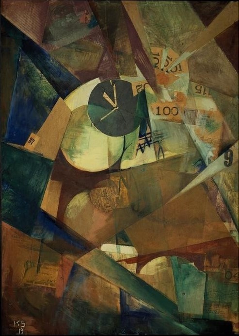 Kurt Schwitters, Das große Ich-Bild (Merzbild 9 b) (Klassische Moderne, Malerei, Abstrakt, Collage, Merzbild,    geometrische Formen, Pappe, Holz, Dadaismus, Wohnzimmer, Treppenhaus, Wunschgröße,  bunt)
