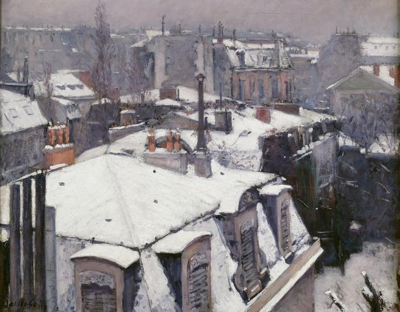 Gustave Caillebotte, Vue de toits (Effet de neige), dit Toits sous la neige (Architektur,Jahreszeiten,Kunst,Stadt,Wetter,Winter,Impressionismus,Schnee,Stadtansicht,Architekturdarstellung,Französische Kunst,Dachlandschaft)