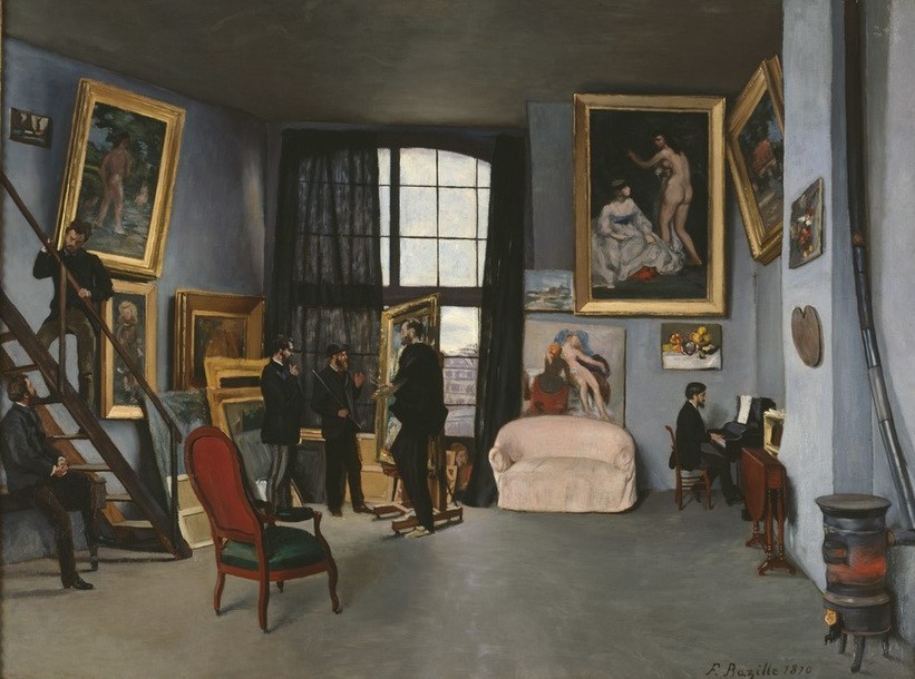 Frederic Bazille, L’atelier de Bazille (Atelier,Besuch,Fenster,Herrenmode,Künstlerleben,Künstler,Maler (Künstler),Möbel,Treppe,Staffelei,Bild Im Bild,Klavier,Ofen (Heizung),Interieur,Künstlerhaus (Wohnhaus),Sofa,Französische Kunst,Herrenrunde,Wohlstand,Sessel,Stuhl,Kommunikation,Klapptisch,Klav)