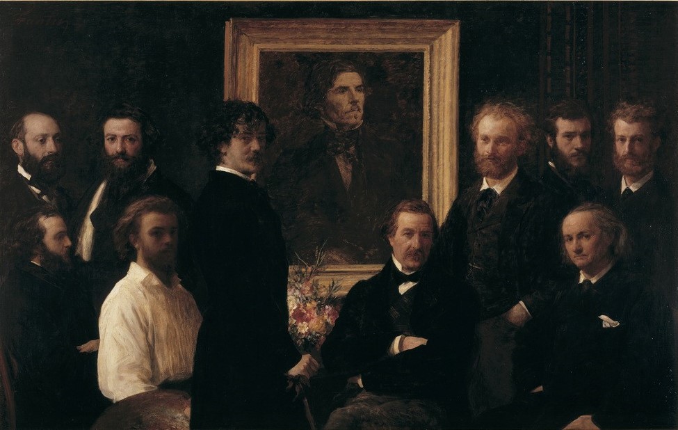 Henri Fantin-Latour, Hommage a Delacroix (Atelier,Dichterleben,Gruppenbild,Künstlerleben,Künstler,Kunst,Literatur,Maler (Künstler),Mann,Selbstbildnis,Bild Im Bild,Realismus,Portrait,Künstlervereinigung,Französische Kunst,Herrenrunde,Hommage)