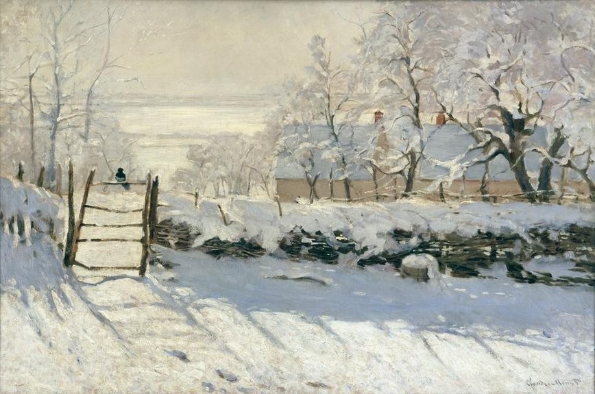 Claude Monet, La pie (Die Elster) (Bauernhaus,Jahreszeiten,Landschaft,Vogel,Wetter,Winter,Zoologie,Elster,Impressionismus,Schnee,Schatten,Zaun,Französische Kunst)