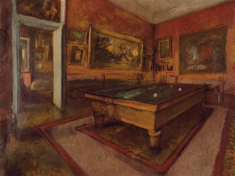 Edgar Degas, Salle de billard au Ménil-Hubert (Billard,Kunst,Saal,Schloss,Spiel,Teppich,Innenarchitektur,Impressionismus,Bild Im Bild,Interieur,Adel,Französische Kunst,Ansicht,Innenansicht,Billardtisch,Inneneinrichtung,Billardzimmer)