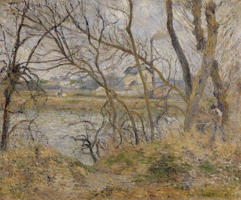 Camille Pissarro, Bords de l’Oise, pres de Pontoise, temps gris (Kunst,Landschaft,Wasser,Impressionismus,Fluss,Baum,Französische Kunst,Ufer,Weiden,Schlechtes Wetter,Weide (Baum),Vier Elemente)