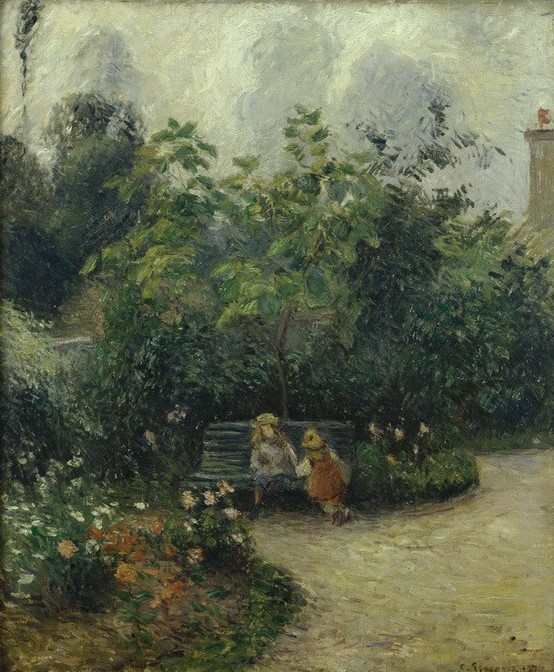 Camille Pissarro, Ecke im Garten in L’Hermitage (Garten Und Park,Geschwister,Kind,Mädchen,Menschen Im Park,Bank (Sitzgelegenheit),Sommer,Spiel,Impressionismus,Französische Kunst,Heile Welt,Harmonie,Menschen Im Garten,Kinderleben,Garten)