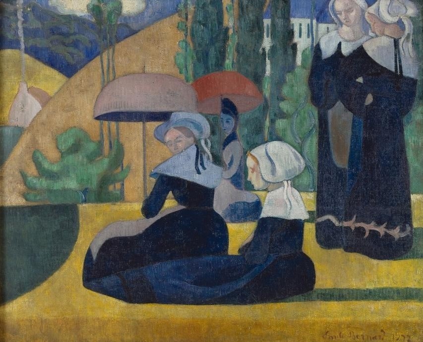 Emile Bernard, Les Bretonnes aux ombrelles (Volkskunde, bretonische Frauen, Tracht,  Hauben, Landleben, Freizeit, Sonnenschirme, Schule von Pont-Aven,  Malerei, Cloisonismus, Klassische Moderne,  Wohnzimmer, Wunschgröße, bunt)