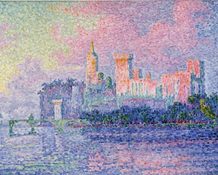 Paul Signac, Le chateau des Papes, Avignon (Geistlicher,Brücke,Geographie,Papst,Wasser,Fluss,Pointillismus,Französische Kunst,Topographie,Vier Elemente)