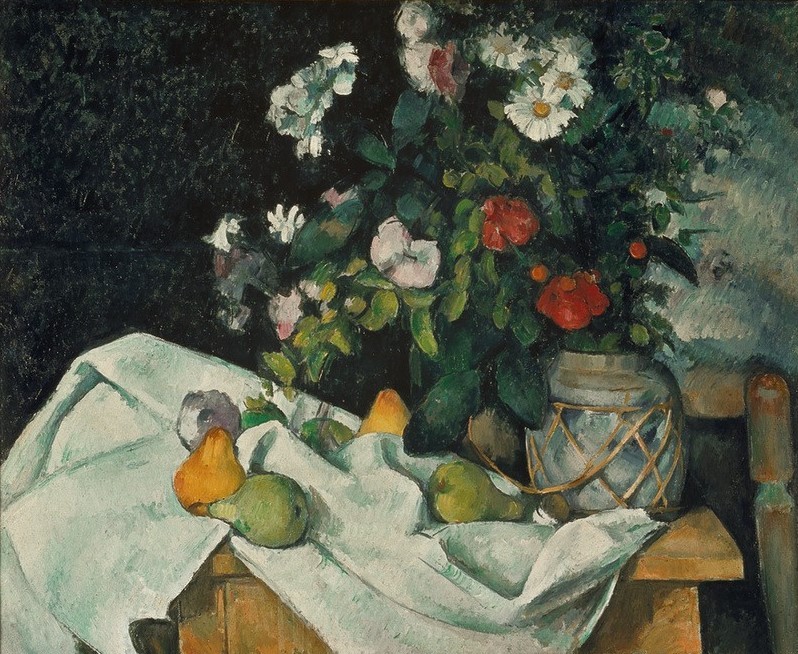 Paul Cézanne, Fleurs et fruits (Botanik,Früchte,Kunst,Obst,Impressionismus,Stillleben,Tischtuch,Blumenstrauss,Vase,Französische Kunst,Birne,Gefäss,Blume,Ingwertopf,Tuch)