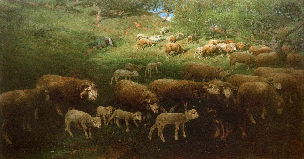 Heinrich von Zügel, Schafherde mit Lämmern (Biologie,Deutsche Kunst,Jahreszeiten,Kind,Kunst,Landschaft,Mensch,Schafzucht,Sezession,Zoologie,Wald,Impressionismus,Hirte,Frühling,Hund,Baum,Wiese,Schaf,Tierleben,Knabe,Landleben,Lamm,Hirtenknabe,Hirtenhund,Tier,Schafherde,Herde,Jungtier,Münchner Sezessi)