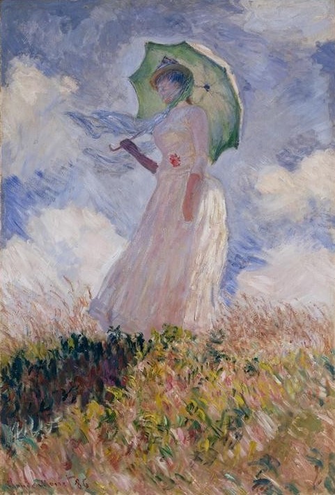 Claude Monet, Femme à l'ombrelle tournée vers la gauche (Damenmode,Frau,Jugend (Lebensalter),Landschaft,Mode,Freizeit,Spaziergang,Wolke,Impressionismus,Portrait,Wiese,Reise,Sonnenschirm,Wind,Französische Kunst,Kleid,Kleidung (Allgemein),Profil,Gedanken,Stieftochter,Naturverbundenheit,Ganzfigurig)