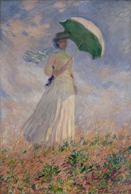 Claude Monet, Femme à l’ombrelle tournée vers la droite (Damenmode,Frau,Jugend (Lebensalter),Landschaft,Mode,Freizeit,Spaziergang,Impressionismus,Portrait,Wiese,Reise,Sonnenschirm,Wind,Französische Kunst,Kleid,Kleidung (Allgemein),Gedanken,Stieftochter,Naturverbundenheit,Ganzfigurig)
