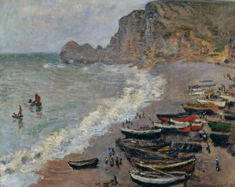 Claude Monet, Etretat: la plage e la porte d’Amont (Boot,Hafen,Küste,Landschaft,Schiff,Strand,Fischerboot,Meer,Impressionismus,Französische Kunst)