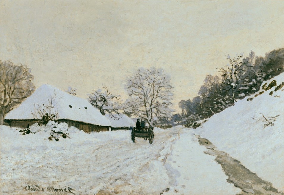 Claude Monet, La charrette. Route sous la neige à Honfleur (Jahreszeiten,Kutsche,Landstrasse,Landschaft,Pferdefuhrwerk,Pferdewagen,Verkehr,Wetter,Winter,Impressionismus,Schnee,Französische Kunst,Karren)
