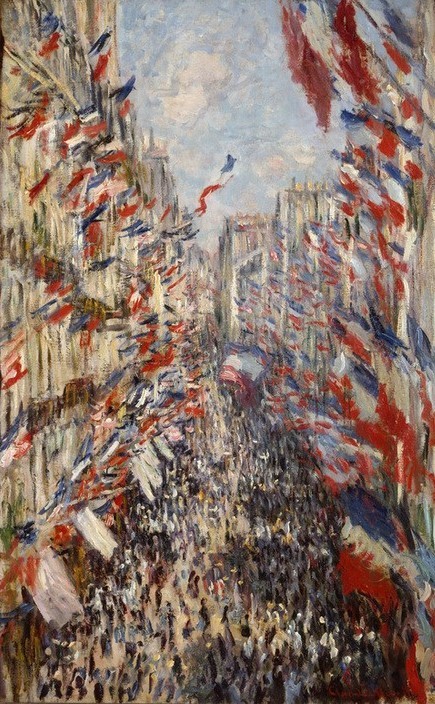 Claude Monet, La rue Montorgeuil, à Paris. Fête du 30 juin 1878 (Feste,Geschichte,Impressionismus,Wahl,Stadtansicht,Französische Kunst,Standarte,Menschenmenge,Trikolore,Beflaggung,Feiertag,Sonnenschein,Fahnenschmuck,Fahne,Banner,Feier)