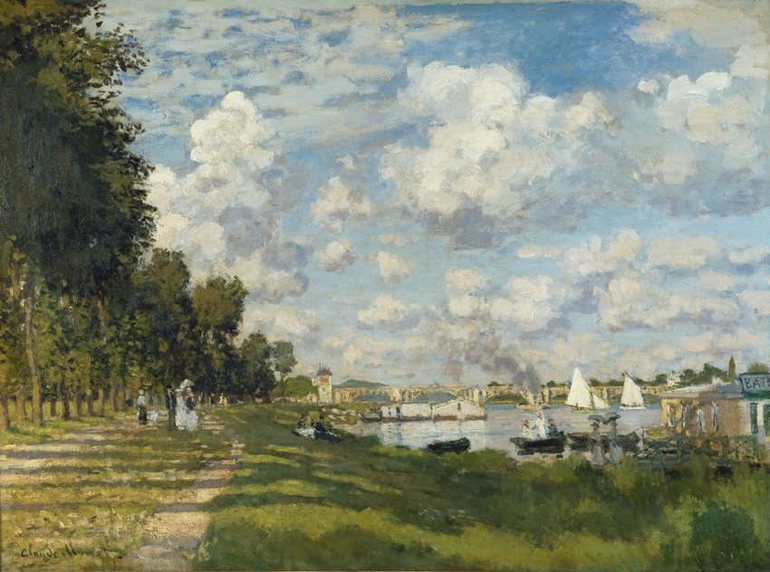 Claude Monet, Le bassin d’Argenteuil (Ausflug,Kunst,Landschaft,Freizeit,Schiff,Sommer,Uferpromenade,Urlaub,Wasser,Impressionismus,Segelboot,Fluss,Französische Kunst,Ufer,Vier Elemente)