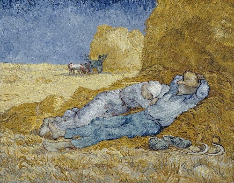 Vincent van Gogh, La méridienne (Bauer (Landwirt),Ernte,Kutsche,Landarbeiter,Landschaft,Pause,Pferdewagen,Rind,Volkskunde,Impressionismus,Werkzeug,Getreide,Mittagsschlaf,Bäuerin,Siesta,Sichel,Niederländische Kunst,Feld,Dreschen,Paar,Harmonie,Landleben,Ausruhen,Getreidefeld,Tier,Herde,Ent)