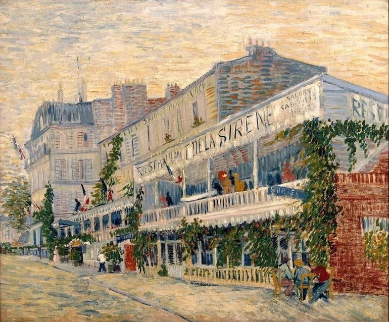Vincent van Gogh, Das Restaurant de la Sirène in Asnières (Architektur,Gastronomie,Kunst,Impressionismus,Restaurant,Stadtansicht,Architekturdarstellung,Niederländische Kunst,Holländische Kunst,Trattoria,Ansicht,Aussenansicht,Postimpressionismus)