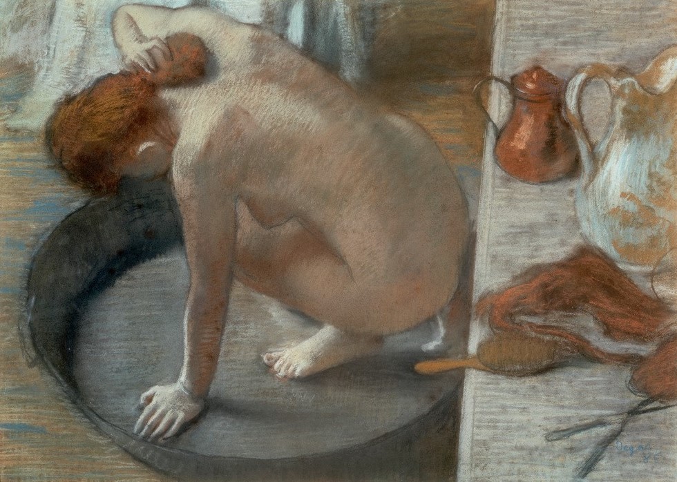 Edgar Degas, Le tub (Körperpflege,Bad,Frau,Kanne,Toilette (Körperpflege),Impressionismus,Akt,Waschgeschirr,Rückenakt,Französische Kunst,Bürste,Nacktheit,Schwamm,Rote Haare,Alltagskultur,Waschschüssel,Haarteil,Hocken,Kupferkanne,Haarbürste,Zuber)