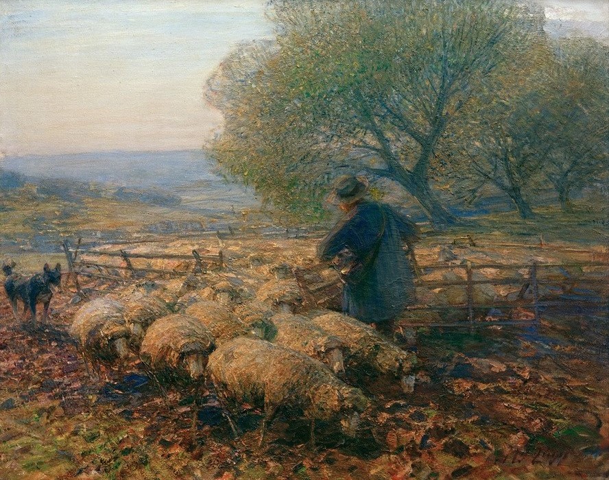 Heinrich von Zügel, Schafe, den Pferch verlassend (Arbeit,Bauer (Landwirt),Biologie,Deutsche Kunst,Kopfbedeckung,Kunst,Landschaft,Mantel,Mann,Mensch,Schafzucht,Sezession,Zoologie,Impressionismus,Hut,Hirte,Hund,Zaun,Baum,Schaf,Rückenfigur,Tierleben,Tierhaltung,Tasche,Landleben,Kleidung (Allgemein),Hirtenhu)