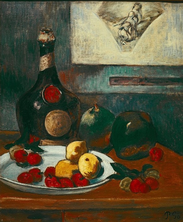 Paul Gauguin, Stilleben (Impressionismus,Bild Im Bild,Stillleben,Flasche,Französische Kunst,Zitrone,Obstteller,Weinflasche)