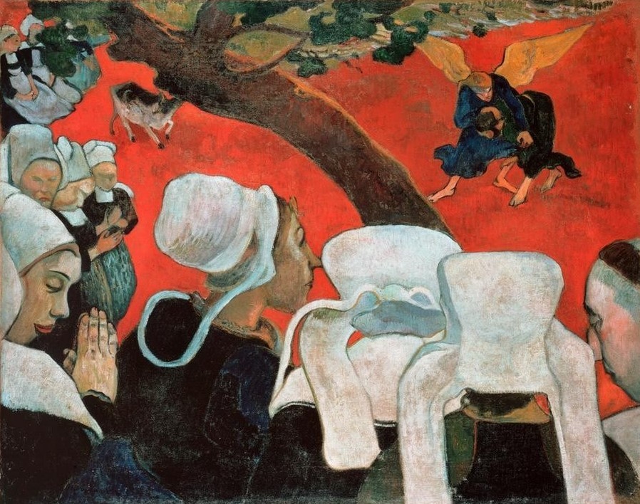 Paul Gauguin, Die Vision nach der Predigt oder Der Kampf Jacobs mit dem E (Christentum,Frau,Ringen,Volkskunde,Altes Testament,Allegorie,Bibel,Vision,Haube,Französische Kunst,Jakob Ringt Mit Engel,Kampf,Frömmigkeit,Zuhören,Synthetismus,Baumstamm,Metapher,Schule Von Pont-Aven,Zuhörerin,Jüdisch-Christlich,Land Und Leute,Folklore)