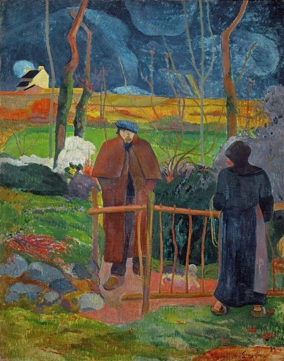 Paul Gauguin, Bonjour M. Gauguin (Künstlerleben,Künstler,Landschaft,Mantel,Mann,Mode,Spaziergang,Szene,Selbstbildnis,Begrüssung,Hund,Zaun,Portrait,Baum,Bäuerin,Ebene,Huldigung,Französische Kunst,Cape,Tier,Aussenseiter,Begegnung,Entspannung,Synthetismus,Schule Von Pont-Aven,Person,Landwirt)