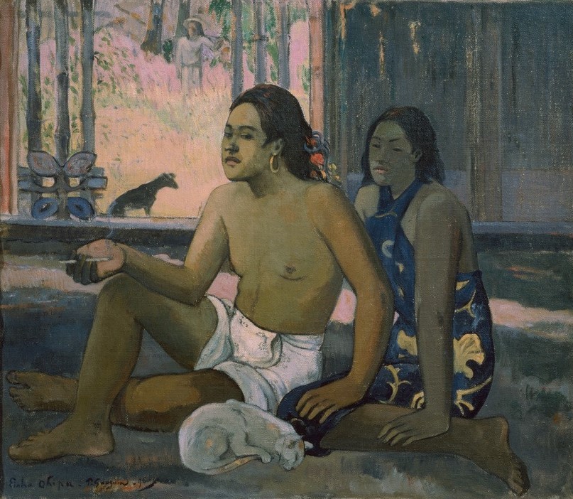 Paul Gauguin, Eiaha ohipa (Frau,Katze (Tier),Landschaft,Liebespaar,Mann,Schmuck,Völkerkunde,Ohrring,Männerschmuck,Rauchen,Französische Kunst,Haustier,Paar,Müssiggang,Exotik,Jahrhundertwende,Herrenohrring,Raucher,Land Und Leute)