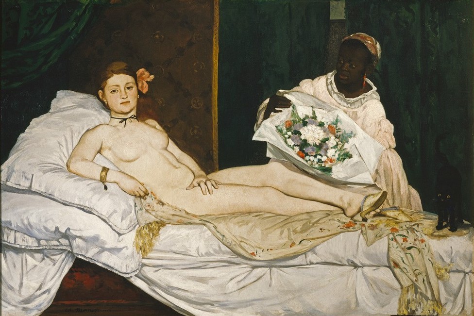 Edouard Manet, Olympia (Bett,Erotik,Frau,Jugend (Lebensalter),Katze (Tier),Schmuck,Schuhe (Schuh),Textil,Schönheit,Akt,Prostituierte,Kissen,Armreif,Schwarze,Blumenstrauss,Geschenk,Französische Kunst,Scham,Nacktheit,Haarschleife,Laszivität,Nonchalance,Dienerin,Bettwäsche,Berühmte)
