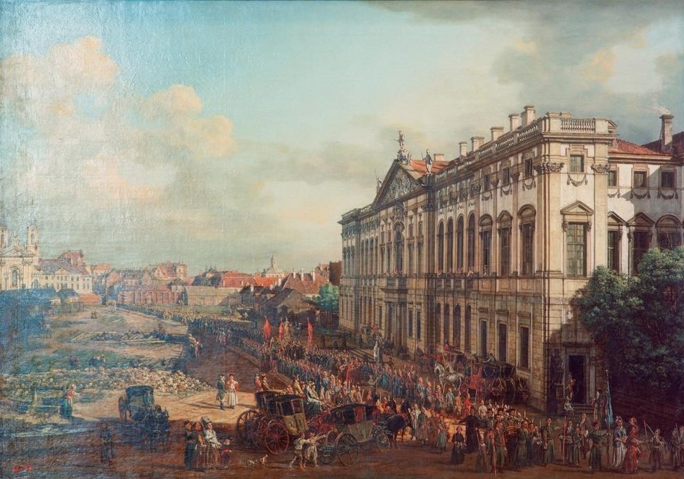 Bernardo Bellotto, Warschau, Palais der Republik (Krasinski-Palais) (Palais, Palast, Prozession, Städte, Polen, Straße, Architektur, Häuser, Alltagsszene, Kutschen, Menschen, Vedute, historisch, Rokoko, Malerei, Wohnzimmer, Wunschgröße, Klassiker, bunt)