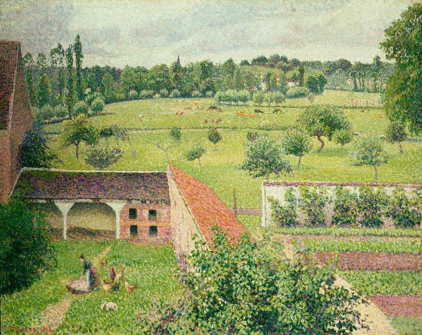 Camille Pissarro, Vue de ma fenêtre, Eragny (Bauernhof,Landschaft,Impressionismus,Hausgarten,Schule Von Barbizon,Französische Kunst,Harmonie,Weide (Wiese),Garten)