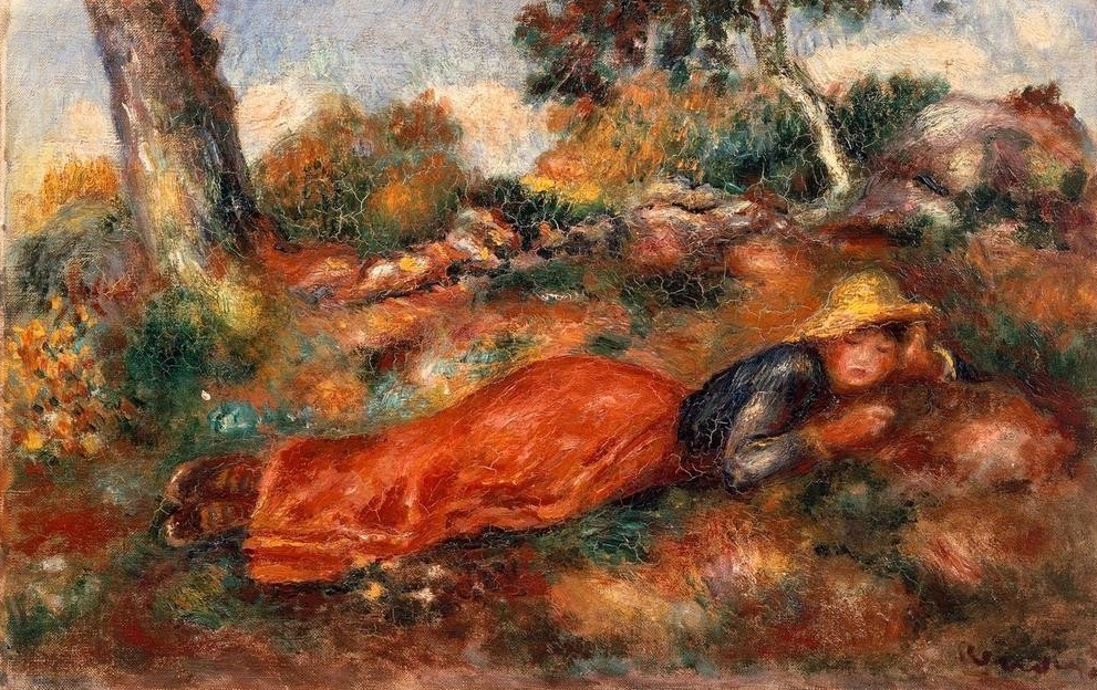 Pierre-Auguste Renoir, Jeune fille couchee sur l’herbe (Damenhut,Frau,Jugend (Lebensalter),Landschaft,Mädchen,Maler (Künstler),Freizeit,Impressionismus,Hut,Traum,Portrait,Strohhut,Französische Kunst,Im Freien (Allgemein),Mittagspause,Rock,Liegen,Schlafen (Schlaf))