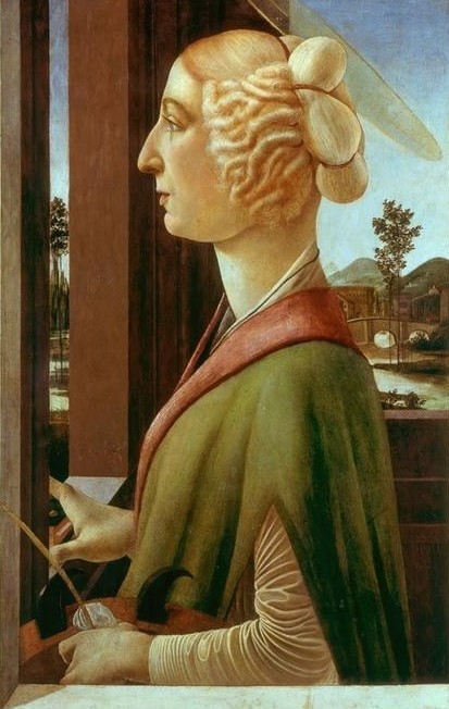 Sandro Botticelli, Die heilige Katharina (Damenmode,Fenster,Florentinische Kunst,Frau,Haarmode,Heilige,Kunst,Landschaft,Mantel,Mensch,Mode,Rad,Renaissance,Portrait,Italienische Kunst,Blick Aus Dem Fenster,Heiligenschein,Blonde Haare,Kleidung (Allgemein),Profil,Palmzweig,Nase,Halbfigur,Haare (Gefl)