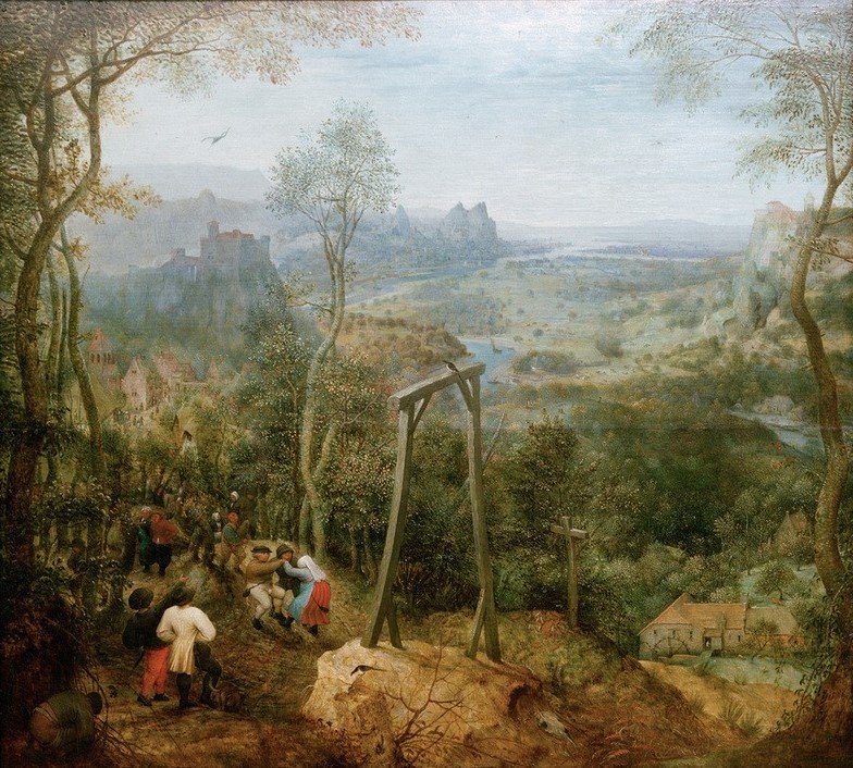 Pieter Brueghel der Ältere, Landschaft mit der Elster auf dem Galgen (Landvhaftsmalerei, Landschaft, Galgen, Kreuz, Feiern, Allegorie, Elster, Totenvogel, Tanz, Bauern,  Renaissance, Klassiker, Malerei, Wunschgröße, Wohnzimmer, bunt)